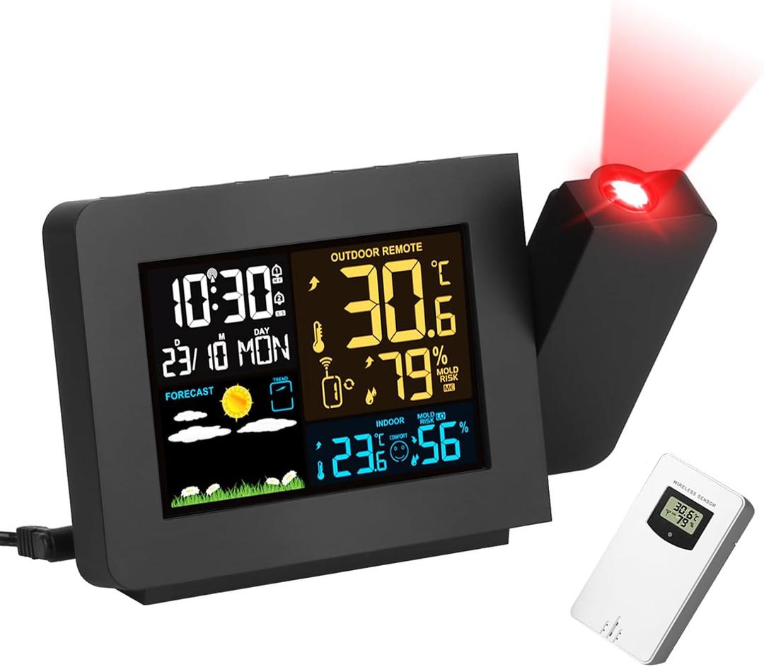 Projection Alarm Clock with Weather Station, Atomic Alarm Clocks for Bedrooms, Radio Control Clock with WWVB Function Dual Alarms Snooze Outdoor Wireless Temperature Humidity Sensor