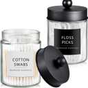 SheeChung Qtip Dispenser Holder 2pcs, Glass apothecary jars with Stainless Steel Lids &Stickers, Countertop Canister Guest Bathroom Storage Organizer Set for Cotton Swabs/Balls, Floss Picks(Black)