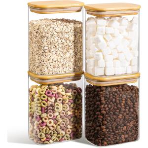 ComSaf 37oz Rectangle Glass Storage Containers with Lids, Glass Jars with Bamboo Lids, Clear Food Storage Jar, Sugar Coffee Containers, Pantry Container for Pasta Tea Candy Nut (37oz-4Pcs)