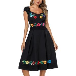 Women's Mexican Dress Embroidered Causal Lace Party Dress (Medium, Black)
