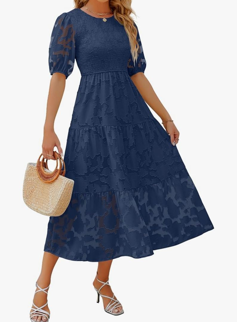 ZESICA Women's 2025 Summer Short Puff Sleeve Crewneck Smocked Floral Lace Flowy A Line Tiered Maxi Dresses Size XL ZESICA Women's 2025 Summer Short Puff Sleeve Crewneck Smocked Floral Lace Flowy A Line Tiered Maxi Dresses Size XL
