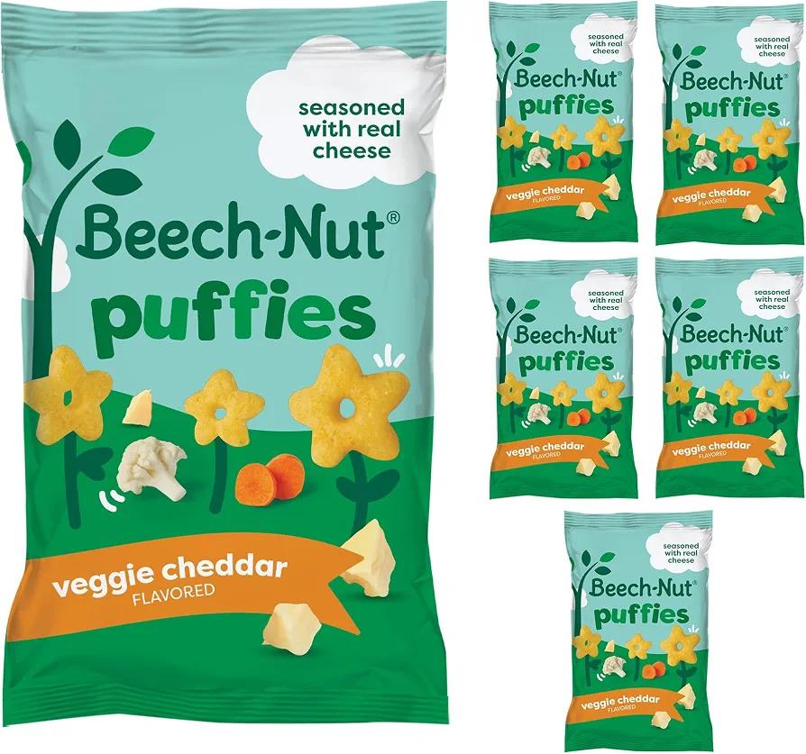 Beech-Nut Veggie Cheddar Puffies, Puffed Grain Snack for Toddlers, No Added Sweeteners, Non-GMO, Gluten Free, 6 Count (1.48 oz Bags) Exp. 03/12/27