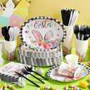 Havawish 350 Pcs Easter Bunny Party Supplies Happy Easter Disposable Tableware Set Buffalo Plaids Eggs Bunny Oval Paper Plates Cups Napkins Fork Knife Spoon for Spring Holiday Party Dinner Table Decor