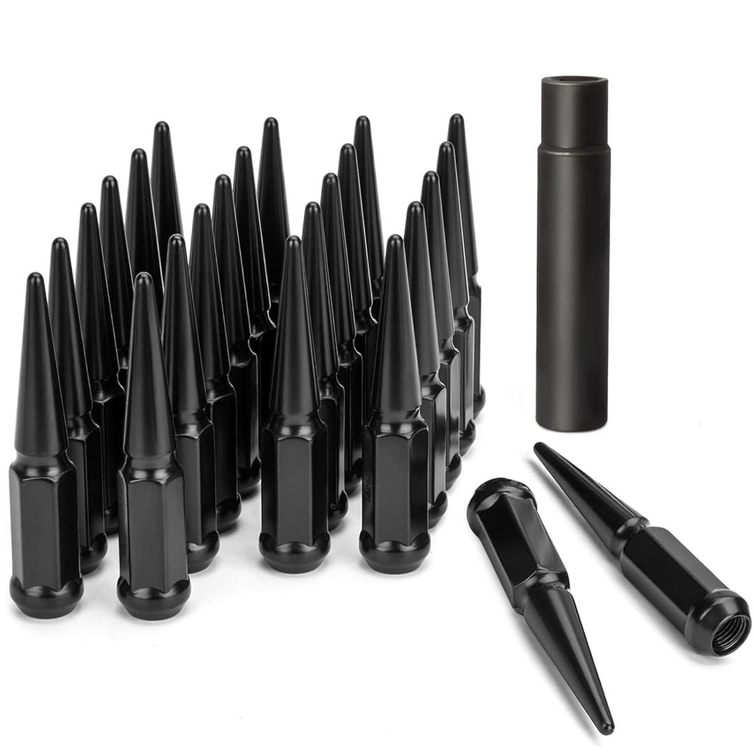 DYNOFIT 14 mm x 1.5 Wheel Spike Lug Nuts, 24 x Black M14x1.5 Lug Nut, Cone/Conical Bulge Seat, DYNOFIT Closed End Nuts with 1 Socket Key for Chevy Silverado Aftermarket Wheel