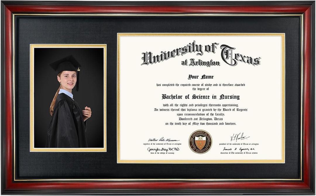 GraduationMall 11x19 Cherry Diploma and Photo Frame for 8.5x11 Certificate,5x7 Picture,Tempered Glass,Black over Gold Double Mat