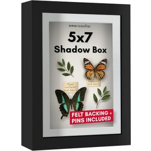 Americanflat 5x7 Shadow Box Frame with Shatter-Resistant Glass - Use as 4x6 Frame with Mat or 5x7 Without Mat - Silhouette Collection - Black with Soft Felt Back