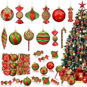 Christmas Ornaments Candy Lollipop Set -48Pcs for Xmas Tree Decoration Hanging Plastic Gloss Candy Canes Ball Pendants for New Year Home Decor Party Supplies (Red Green)