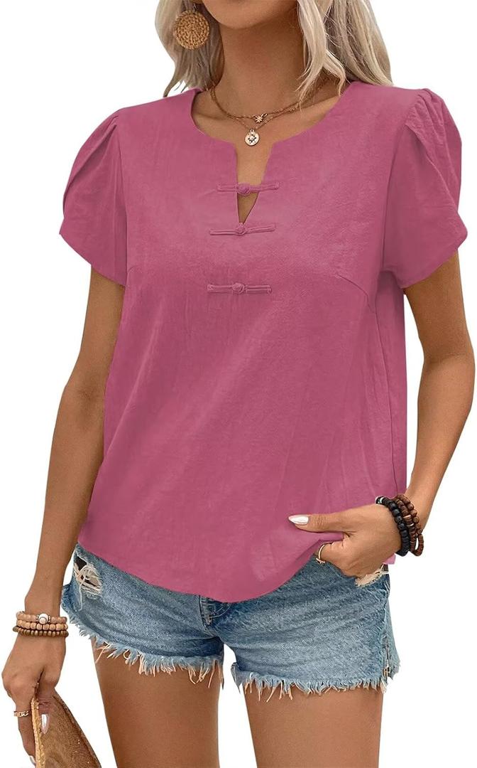 Women's Summer Tops Petal Short Sleeve V Neck Blouses Dressy Casual Fitted Cute Solid Shirts 2025 (Green, M)