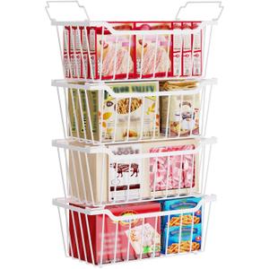 SUNALLY Freezer Organizer Bins, 4 Pack Chest Freezer Organizer Stackable for 5-7 Cu.FT Deep Freezer Sort Frozen Meats and Food, Freezer Storage Baskets with Handles Easy Reach from Bottom, White