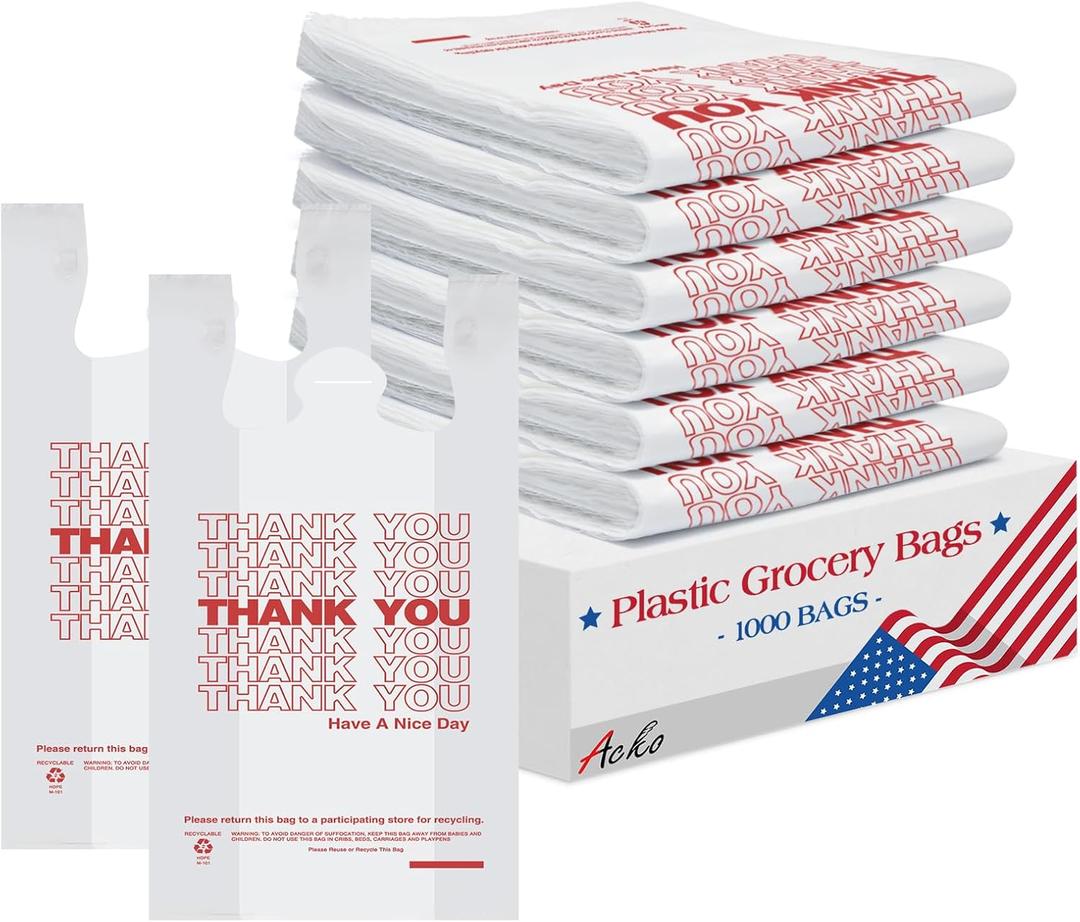 ACKO 1000 Count - Plastic T-shirt Bags with Handle, (11.5 x 6.5 x 21") 4 Gallon Thank You Bags for Grocery, Take Out, To Go, Retail Shopping Bag, Small Garbage Trash Bag for Home Office Kitchen
