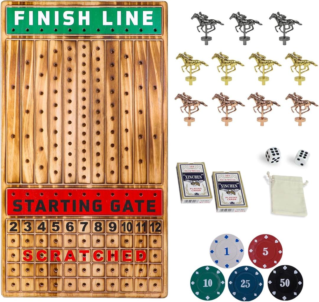 Large 21 inches Horse Racing Board Game with 11 Luxury Metal Horses Thickened Wood Horse Race Game Board with 2 Sets of Dice,2 Boxes of Cards and 100 Poker Chips for Parties and Gambling (Large Light Flame)
