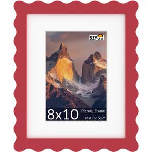 8x10 Wavy Picture Frame with Mat for 5x7, Real Glass and Wooden Frame - Tabletop or Wall Hanging Photo Frame(1 Pack, Red)