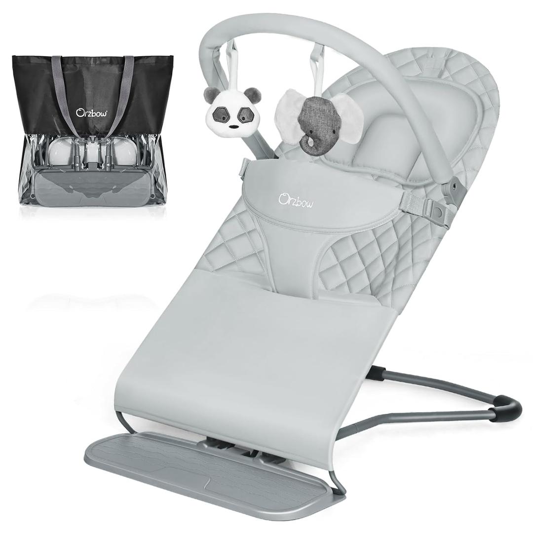 Orzbow Portable Baby Bouncer, Foldable Baby Bouncer Seat with Storage Bag and Removable Play Bar, 3 Recline Positions, 0-12 Months Up to 20lbs, Ergonomic Design, Easy to Wash, Grey