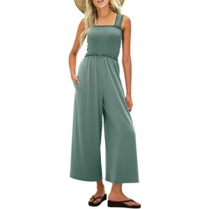 UNIANKIYA One Piece Sleeveless Square Neck Jumpsuits for Women Casual Wide Leg Long Pant Rompers Overalls Beach Vacation (Green, L)