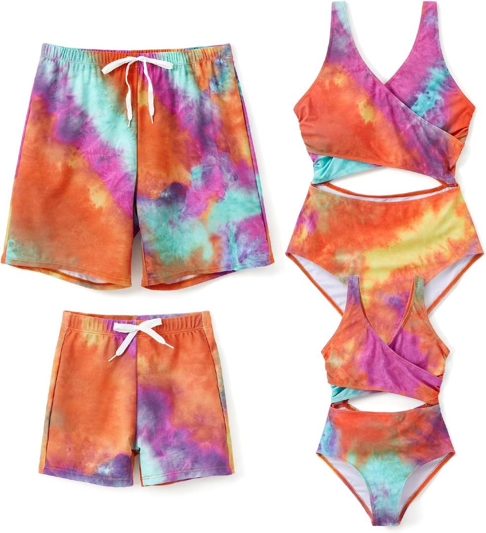 PATPAT Family Matching Swimsuits Cutout One Piece Spliced Monokinis Red Tie Dye Quick Dry Beach Wear Cute Bathing Suits for Girl 8-9 Years