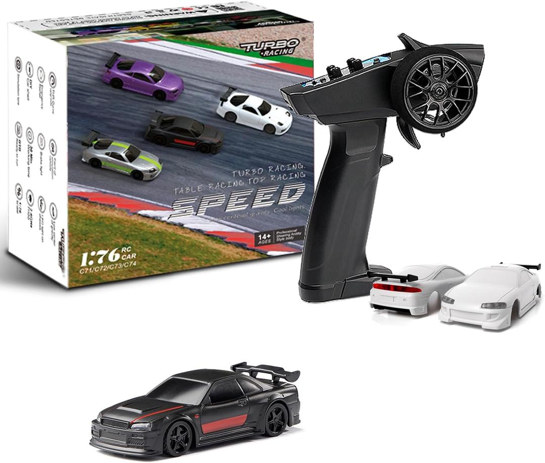 Turbo RC 1:76 Mini Sports Car 4CH 2.4GHZ Remote Control Full Proportional RTR Kit with 2 Replaceable Body Shell (C74-Black)