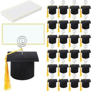24 Sets Graduation Cap Ornament Place Card Holders Photo Holders with Yellow Tassel and Name Cards Congratulate Graduates Supplies for Graduation Party Celebration