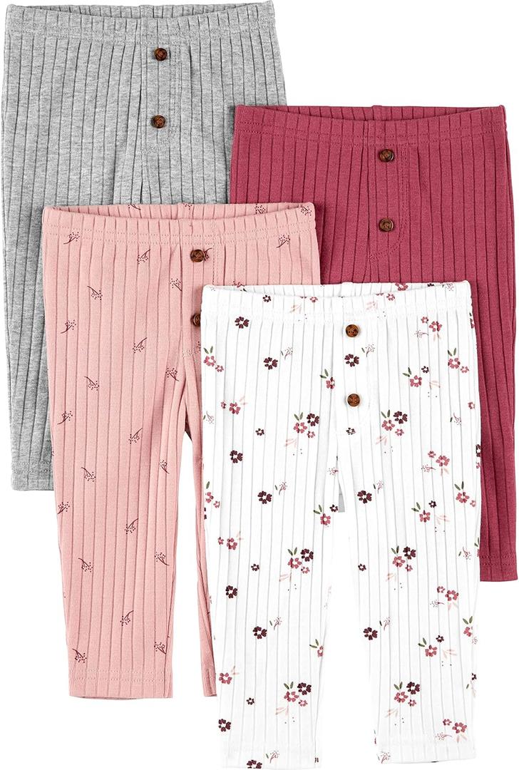 Simple Joys by Carter's Baby Girls' 4-Pack Pant (0-3 Months, Grey/Pink/Plum/White Flowers)
