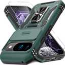 DEERLAMN Case for Google Pixel 10/10 Pro with Slide Camera Cover+Screen Protector(1 Pack), Rotated Ring Kickstand Military Grade Shockproof Protective Cover-Green