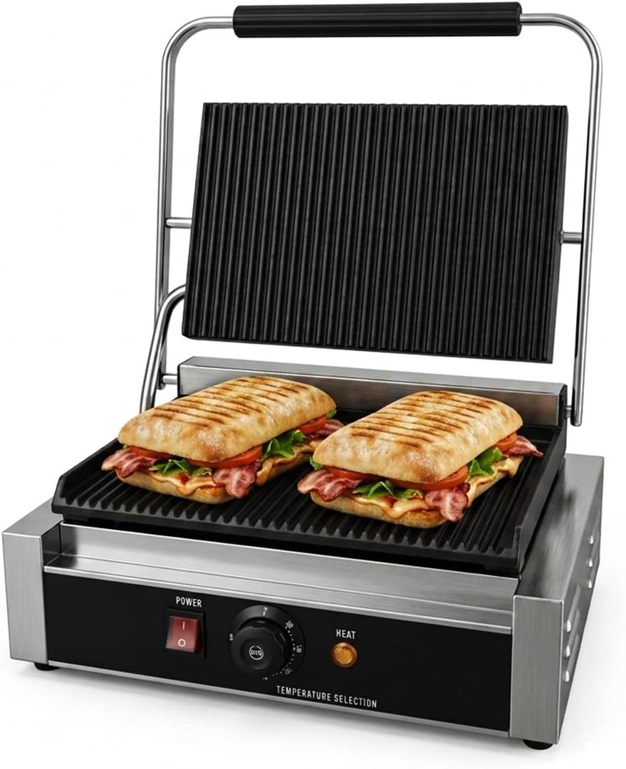 Commercial Panini Press Grill, Sandwich Maker with Adjustable Temperature