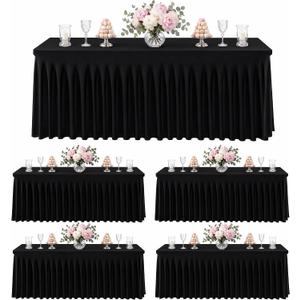 5 Pack Black Stretch Spandex Tablecloths, 6ft Fitted Rectangle Table Cover with Skirt, Wrinkle Free Polyester Table Cloth for Wedding, Party, Banquet, Baby Shower, Christmas, 6ft Rectangle Spandex Tablecloths-5pcs