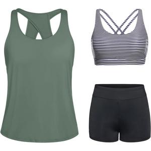 Tempt Me 3 Piece Tankini Swimsuits for Women Athletic Bathing Suits Swim Tank Top with Boy Shorts and Bra Modest Swimwear (Army Green & Stripe) M