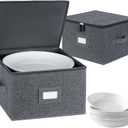 China Storage Containers Hard Shell Inside 13" W x 8" H, Charger Plate Storage Containers for Dishes, Dinnerware with 24 Felt Dividers, Hold 24 Plates, Stackable (2 Pack Grey)
