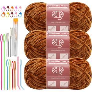 Chenille Yarn for Crocheting Knitting, 3 Skein 263 Yard Thick Soft Chunky Fluffy Weaving Plush Yarn for Blankets Clothes Pattern Creations with Big Eye Needles (Khaki) (Solid Color)