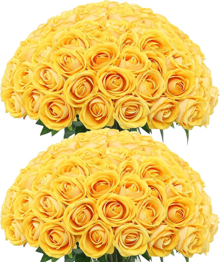 LFF 50Pcs Realistic Yellow Artificial Roses - Premium Velvet Faux Flowers for Wedding Bouquet, Centerpieces, Home & Party Decoration(Yellow)
