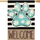 AVOIN colorlife Blue Paw Print Spring House Flag 28x40 Inch Double Sided Outside, Daisy Floral Welcome Stripes Yard Outdoor Flag