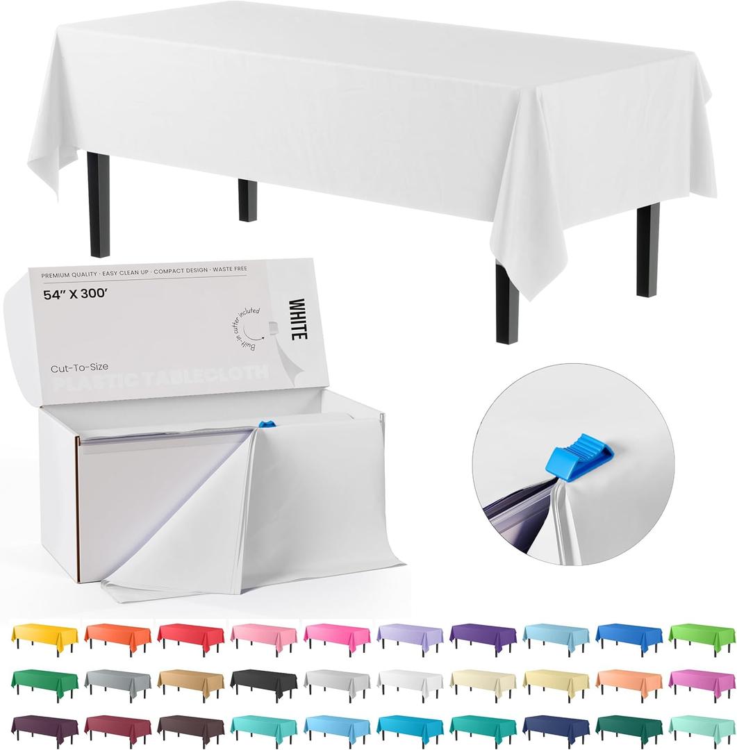Party Solids 54 Inch X 300 Feet White Plastic Table Cover Roll in A Cut - to - Size Box with Convenient Slide Cutter. Cuts Up to 36 Rectangle 8 Feet Plastic Disposable Tablecloths