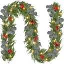 6Ft Prelit Cedar Christmas Garland Artificial Realistic Cypress Pine Needles Garland with Red Berrieies Eucalyptus Leaves LED Lights Faux Greenery Decoration for Fireplace Mantel Xmas Indoor Dcor