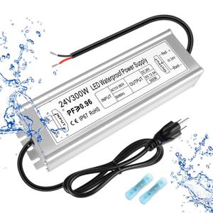 LED Driver 300W 24V Power Supply, IP67 Waterproof Low Voltage Transformer, AC 110-260V to DC 24V 12.5A Converter with 3-Prong Plug 3.3 Feet Cable for Outdoor LED Lights, Industrial, Computer