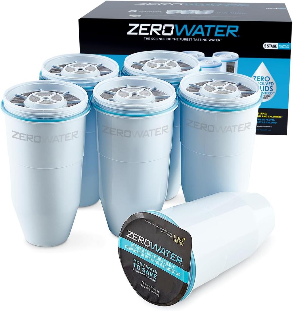 ZeroWater Official Replacement Filter - 5-Stage 0 TDS Filter Replacement - System IAPMO Certified to Reduce Lead, Chromium, and PFOA/PFOS, 6-Pack