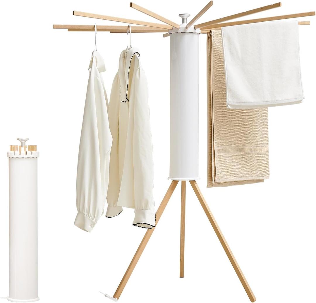 JOOM Tripod Clothes Drying Rack, Garment Rack Portable and Foldable Space Saving Laundry Drying Rack - Drying Rack Clothing 12 Rods Wooden, Standard