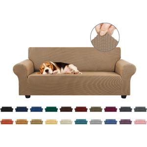 KEKUOU Stretch Loveseat Sofa Cover Slipcover,Couch Covers for 2 Cushion Couch Sofa (55"-78") Furniture Protector Sofa with Elastic Bottom for Kids,Dog. Jacquard Small Checked(Medium, Camel)