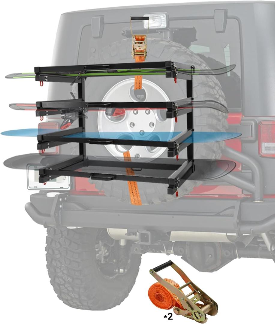 Spare Tire Ski Rack with Two Ratchet Straps, Fits All Full-Size Spare Tire, Accommodates 8 Snowboards & 16 Skis Carrier, Compatible with Most Wrangler Bronco SUVs