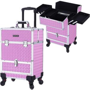 TOPACK Rolling Makeup Train Case,Professional Cosmetology Case on Wheels,Large Cosmetic Organizer Trolley Case,Makeup Travel Case with Draws,Nail Artist Hairstylist Storage Traveling Cart Trunk,Pink, Medium