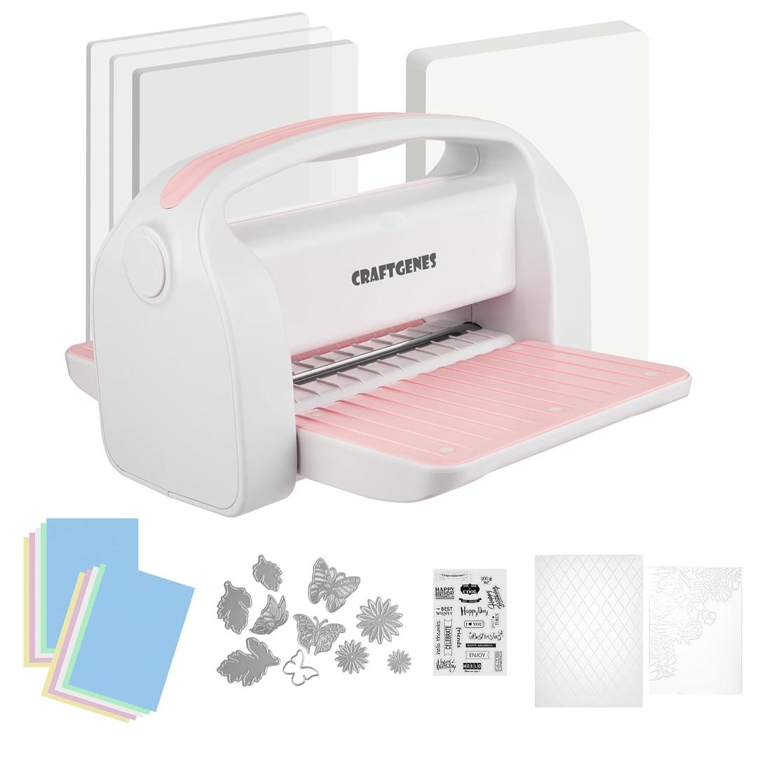 CraftGenes Manual Die Cutting Machine and Embossing Machine, 9'' Opening Size for Cardmaking, Scrapbooking, and DIY Crafts  Foldable Complete Set with A4 Die Cuts, Embossing Folders, and Plates(Pink)