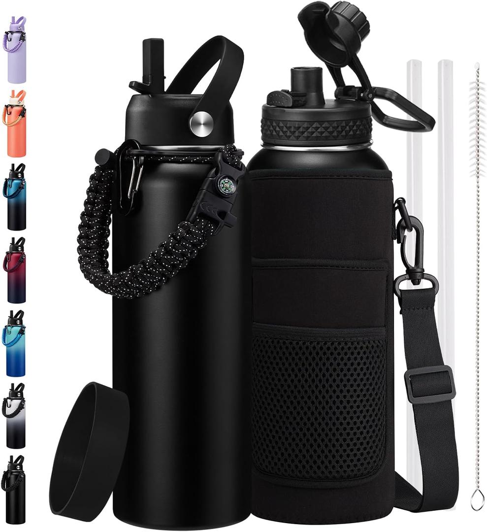 BENZZO Stainless Steel Water Bottle 40oz with Straw & Auto Spout Lids, Paracord Handle, Protective Boot, Insulated Water Bottle Carrier Bag, Keep Cold-48H & Hot-24H Metal Flask Canteen Bottle (Black)