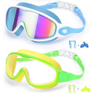 EverSport 2 Pack Kids Swimming Goggles, Anti-fog Swim Goggles for Toddler Girls Boys 3-15 (Yellow Green & Mirrored Blue)