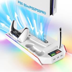 PS5 Cooling Station Stand RGB with Dual Controller Charging Station for PlayStation 5 Console, PS5 Accessories Incl. Controller Charger, Cooling Fan, Headset Holder, 3 USB Hub (color-white)