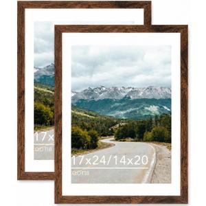 Wood 17x24 Picture Frame with 14x20 Mat Deep Brown, Display 14x20 with Mat or 17x24 Without Mat, Wood 17 by 24 Photo Frame, 17 x 24 Frame for Wall Hanging Display, Deep Brown, 2 Pack