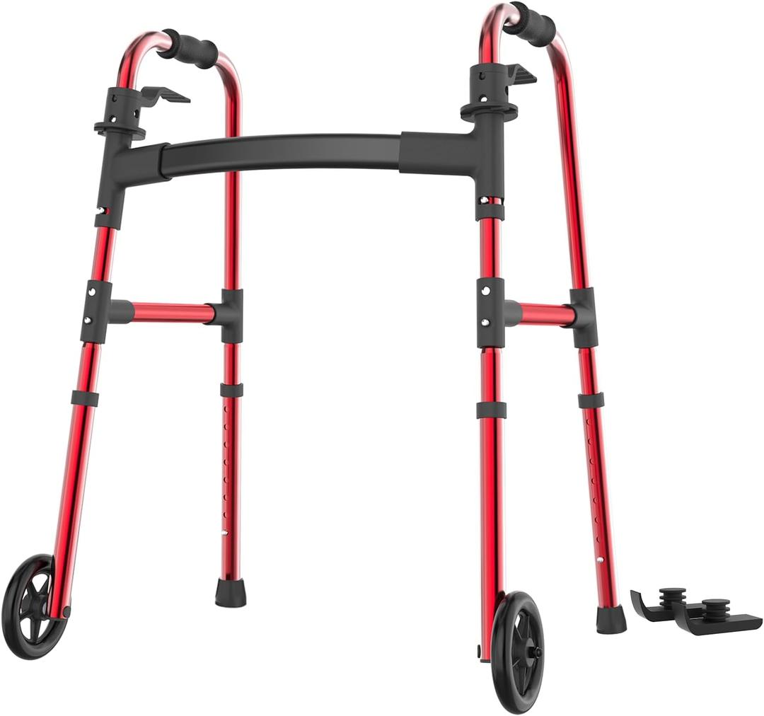 Folding Walkers for Seniors, Walker with Skis Lightweight 5'' Front Wheel Walker Height Adjustable Aluminum Standard Walker for Elderly and Disabled Red