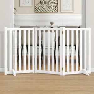 30" Height Tall Freestanding Pet Gate, Solid Wood Folding Safety Fence Wooden Dog Gate with 2 PCs Support Feet Ideal for Stairs, Doorways, Halls, Kitchens, Heavy Duty Gates, 3 Panels, White