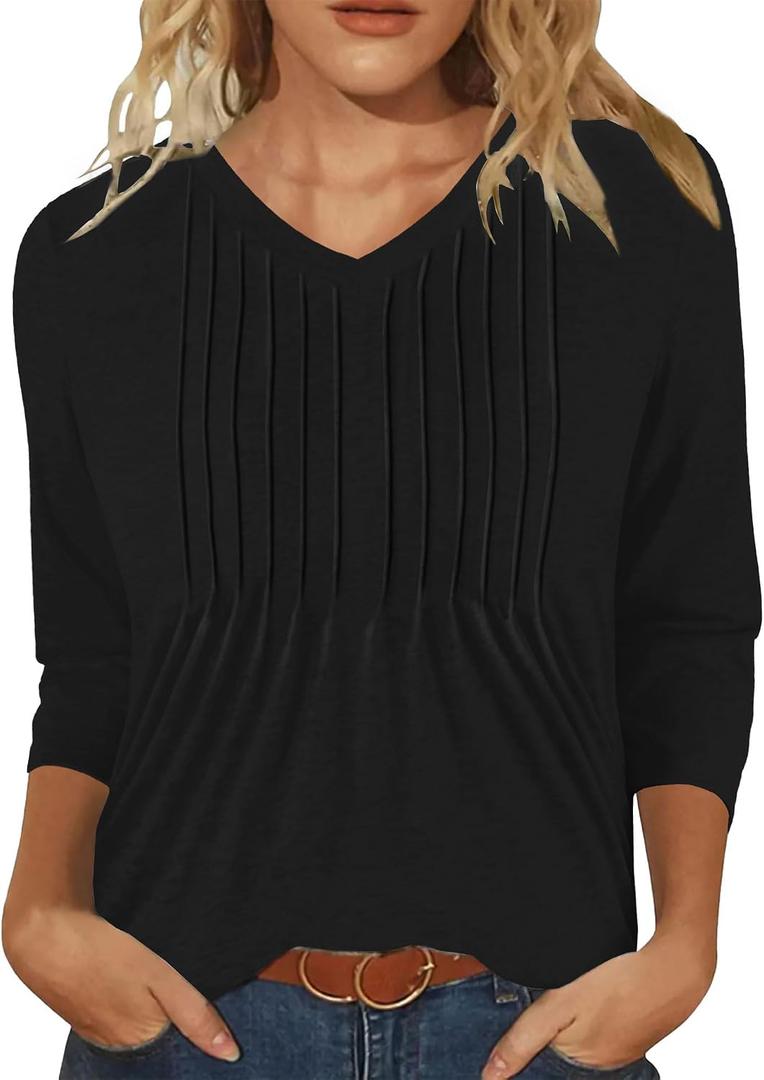 IEEILULU 3/4 Length Sleeve Womens Tops V Neck T Shirts Casual Pleated Tunic for Women Fashion Loose Blouses (Black, L)