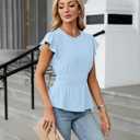Blooming Jelly Women's Dressy Casual Blouses Business Ruffle Short Sleeve Tops Summer Crew Neck Smocked Shirts (Blue, XL)