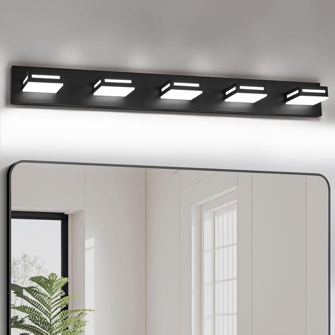 LED Modern Bathroom Light Fixtures, 5-Light 40-Inch Matte Black Vanity Lights for Bathroom Lighting Fixtures Over Mirror, 350 Rotatable Acrylic, 6000K Cool White Wall Lamp