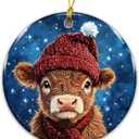 3 x Highland Cow Christmas Ornament 2025  Cute Farm Animal Ceramic Ornament with Red Hat & Scarf, Rustic Farmhouse Country Christmas Tree Decoration, Cow Lover Gift, Holiday Keepsake Ornament