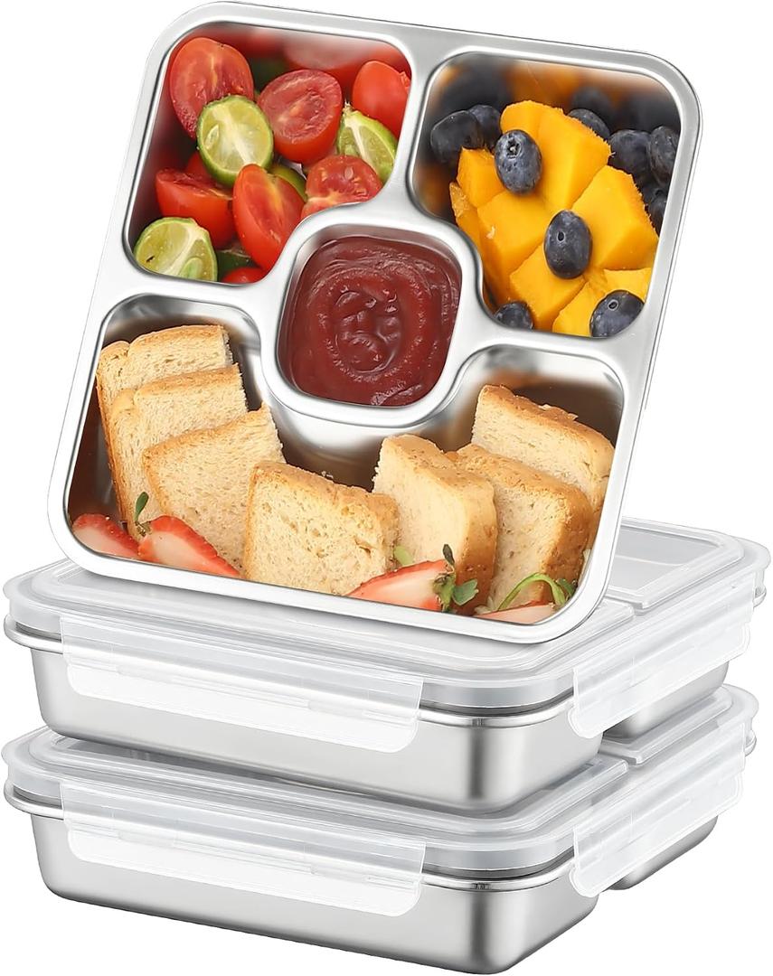 BEFOY Stainless Steel Snack Containers with Lids 4 Pack Lunchable Meal Prep Containers Reusable Meal Prep Lunch Containers for Adult Divided Stackable Bento Lunch Box for Home Travel (3, Gray, Large)